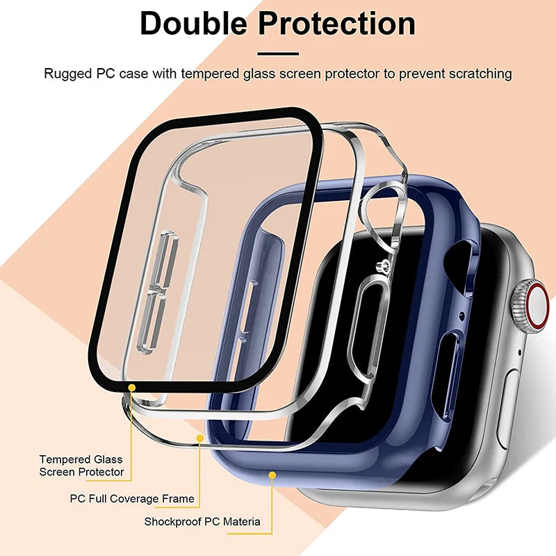 Tempered Glass+cover For Apple Watch Case Accessories 45mm 41mm 42mm 38mm PC Screen Protector cover iWatch 6 5 4 se 44mm 40mm