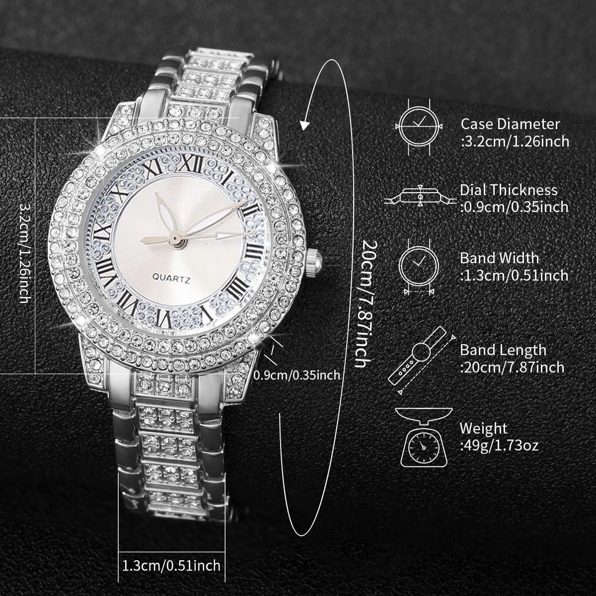 6PCS/Set Women's Watch Fashion Rhinestone Roma Dial Quartz Watch Steel Band Wristwatches Diamond JewelrySet（Without Box）