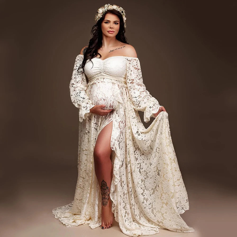 Boho Style Lace Maternity Dress Bohemian Photo Shooting Pregnancy Dress Baby Shower Ruffled Split Cut Lace Dress