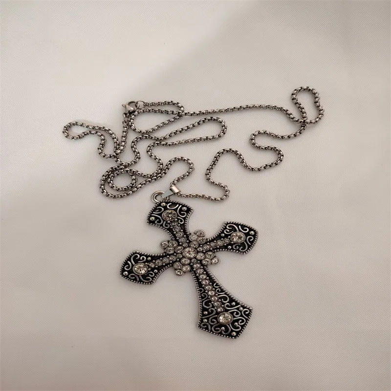 Vintage Cross Pendant Necklace Unisex Versatile Simple Long Sweater Chain Hip Hop Accessory