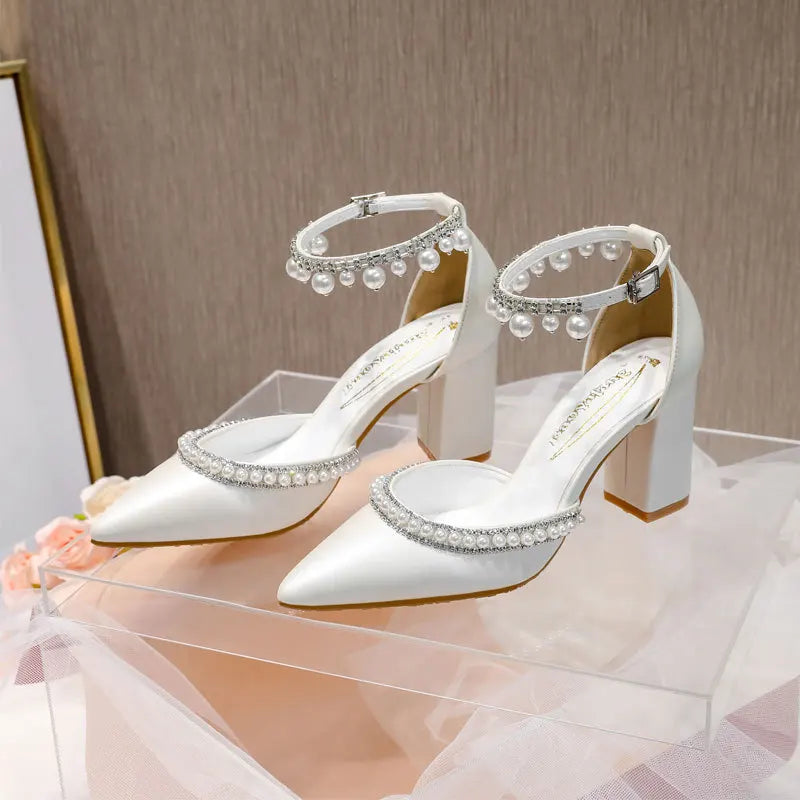 Pointed High Heels Thick Heel Sexy Pearl European and American Foreign Trade Large Size Women's Shoes