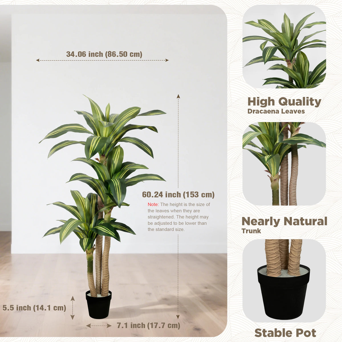 4ft/5ft/6ft Artificial Dracaena Tree in Pot - Realistic Faux Plastic Tropical Floor Plant with Easy Assembly, All-Season Indoor/Outdoor Decor for Home Office Living Room Porch, Housewarming Gift Perfect for Christmas Thanksgi