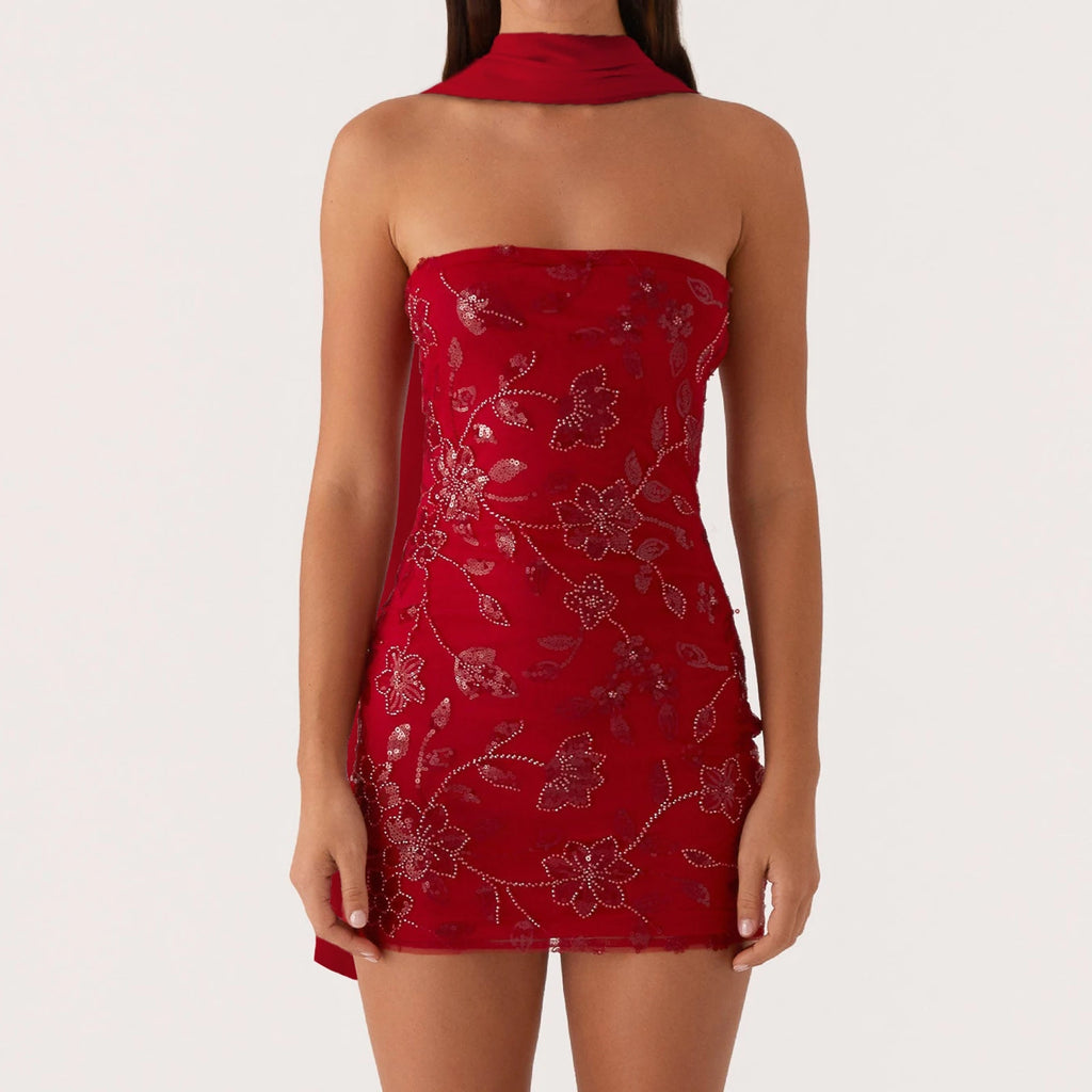 Women Y2K Soild Color Summer Mini Bandeau Dress Sleeveless Off Shoulder Flower Embroidery Tube Top Dress with Scarf