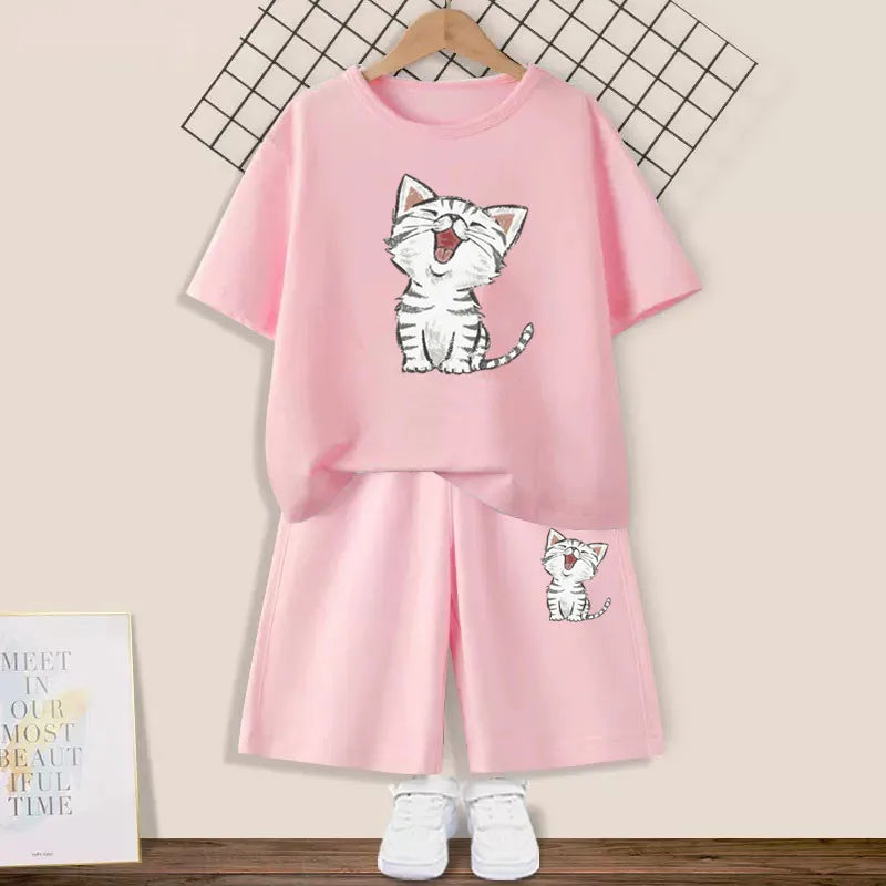 Girls Happy Cat Printed 2PC Outfit Set Summer Fashion Short Sleeve T-Shirt And Shorts Combo Cute Kids Clothing