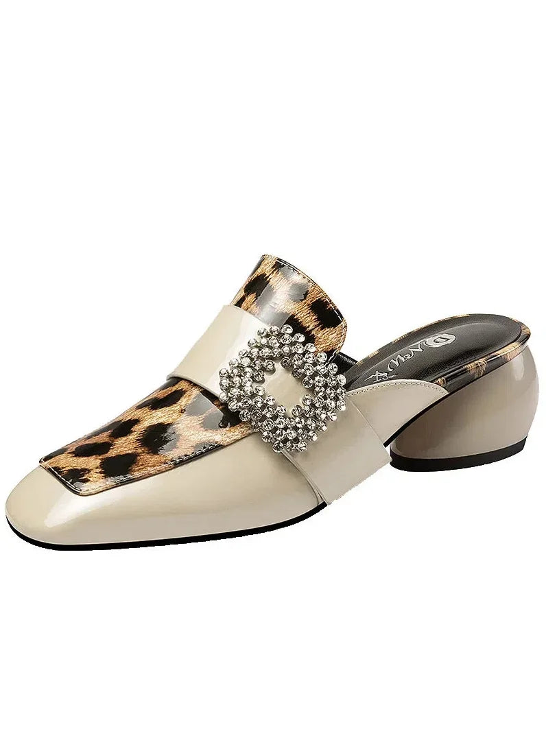 Sapatos Femininas Women Fashion Round Toe Leopard High Quality Spring Slip on Square Heel Shoes Lady Black Patent Shoes A148