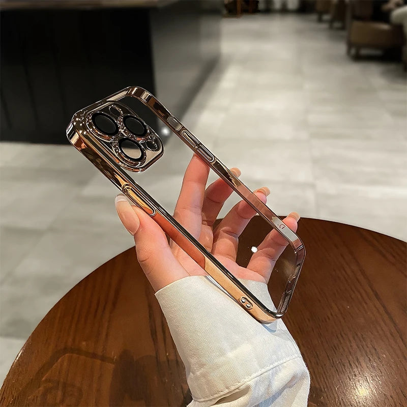 Luxury Plating Clear Silicone Phone Case For iPhone 16 17 15 14 13 12 11 Pro XR XS Max Mini Plus Lens Protection Case Back Cover