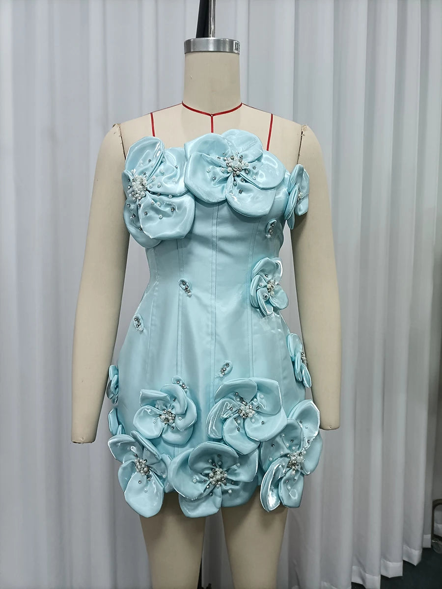 TWOTWINSTYLE Design Sense Spliced Bead Fashion Dresses for Women Strapless Sleeveless Tunic Patchwork 3D Flower Dress Female New