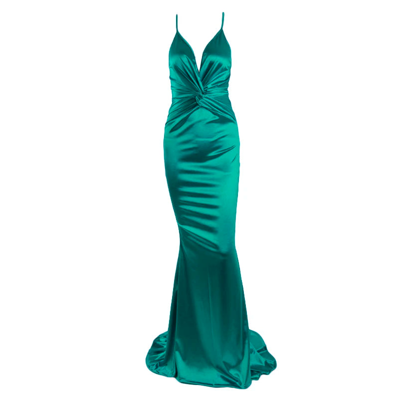 Sexy Lace Up Backless Mermaids Stretch Satin Evening Night Party Dress V Neck Kont Ruched Sleeveless Bodycon Formal Gown