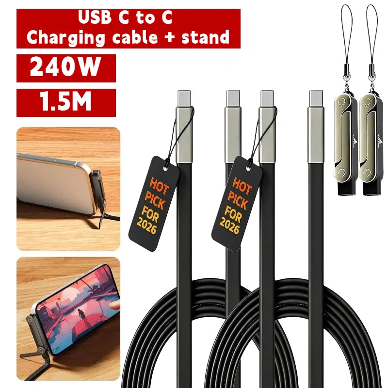 240W 2-in-1 Black/Orange Fast Charging Foldable Bracket Data Cable Type-C to Type-C Data Wire with Phone Tablet Stand