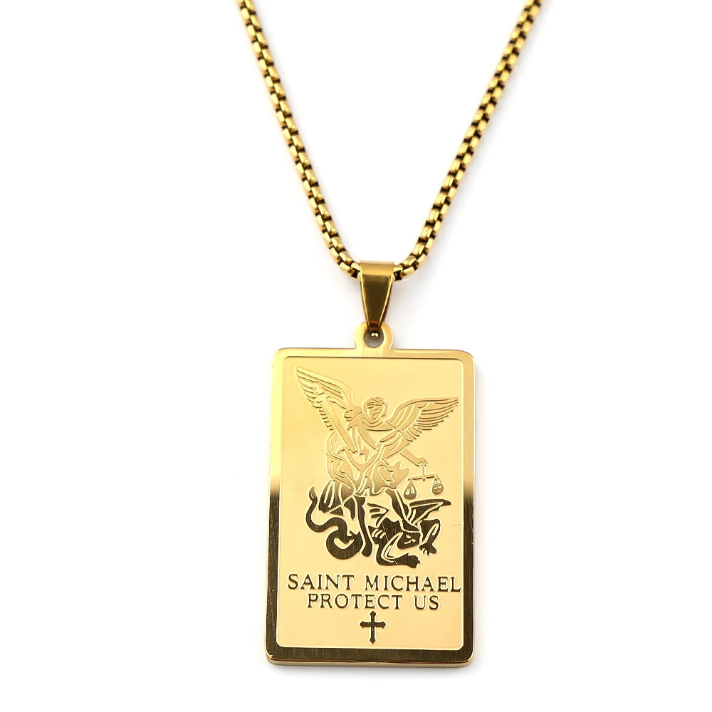 Christian Archangel Saint Michael Protect Us Cross Medal Pendant Necklace Stainless Steel Gold Plated Chain Amulet Jewelry Gift