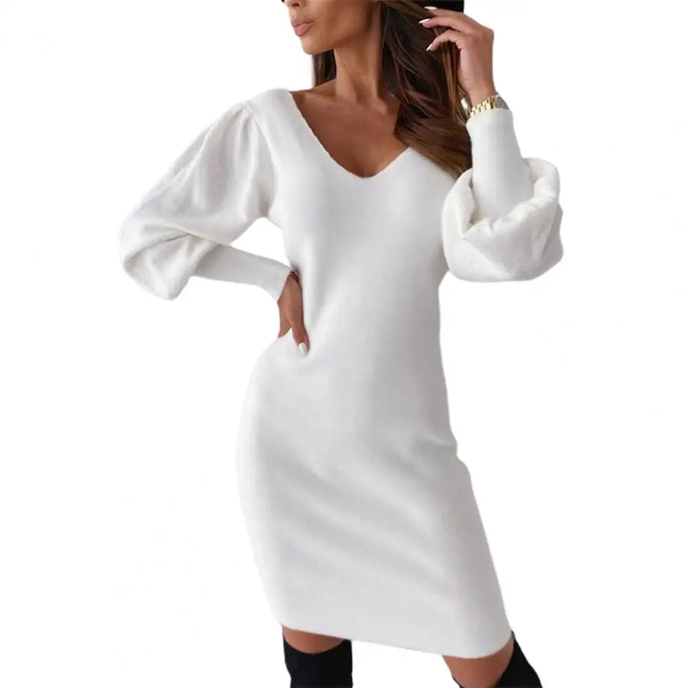 Women White Dress Spring And Autumn Costume Party Dress Ladies Warm Black Open Back Lace Lantern Sleeve V Neck Sweater Spring
