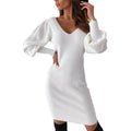 Women White Dress Spring And Autumn Costume Party Dress Ladies Warm Black Open Back Lace Lantern Sleeve V Neck Sweater Spring