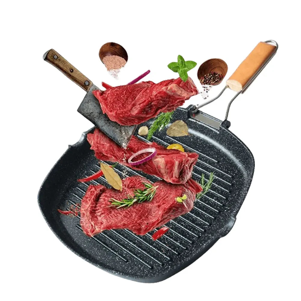 Foldable Portable Outdoor Grill Pan - Anti-Scald Wooden Handle, Double-Sided Steak Pan for Picnic, No Lid