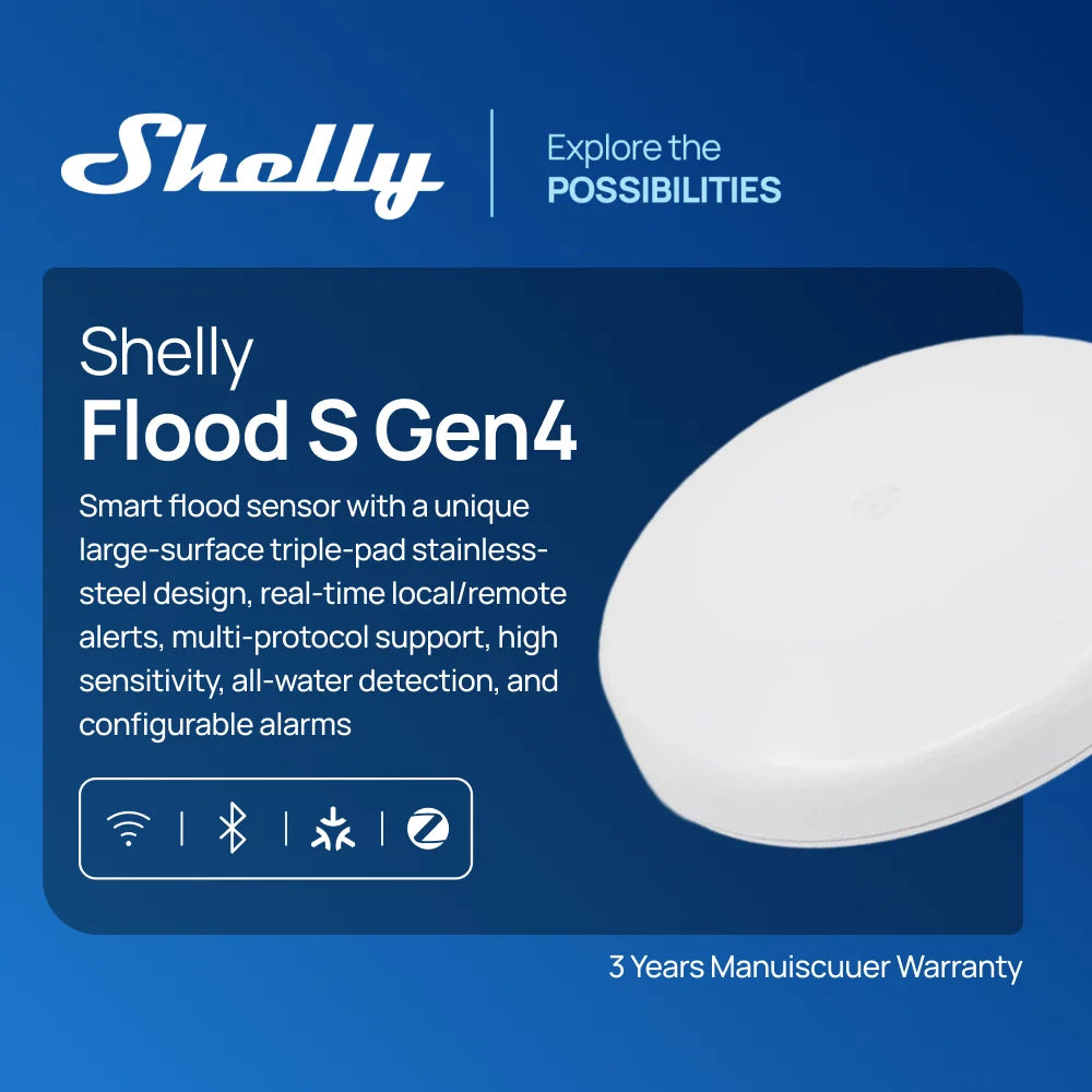 Shelly Flood S Gen4 Zigbee Water Sensor Flood Leak Detecto Matter Remote Monitoring for Kitchen/Bathroom Support Home Assistant
