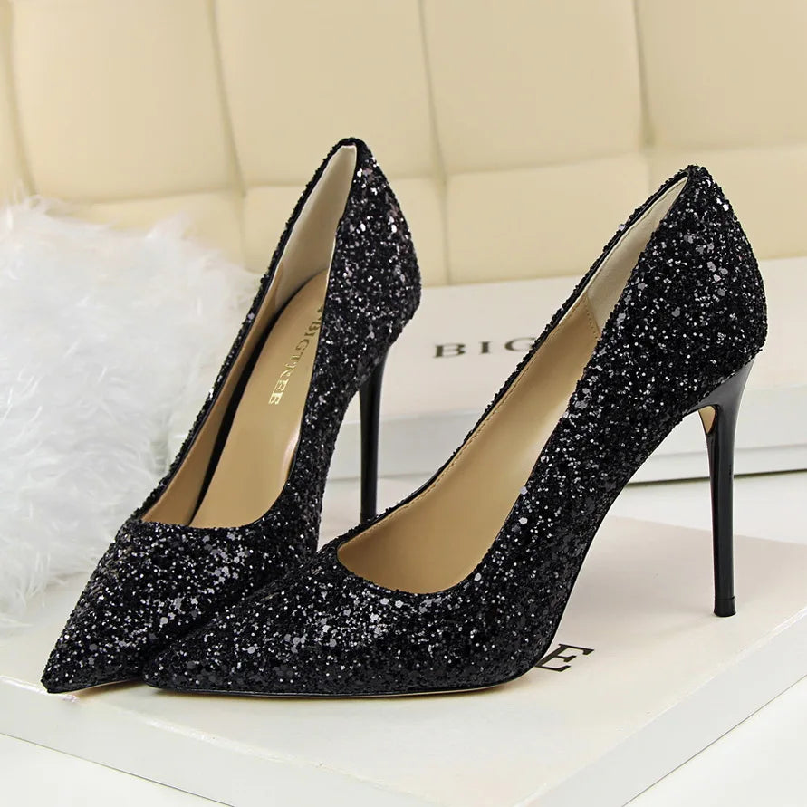 Women 7cm 9.5cm High Heels Bling Pumps Wedding Bridal Scarpins Sparkly Heels Lady Party Sequins Nightclub Evening Gold Red Shoes
