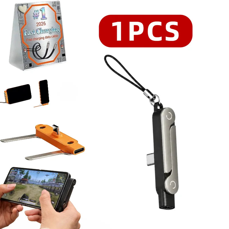 240W 2-in-1 Black/Orange Fast Charging Foldable Bracket Data Cable Type-C to Type-C Data Wire with Phone Tablet Stand