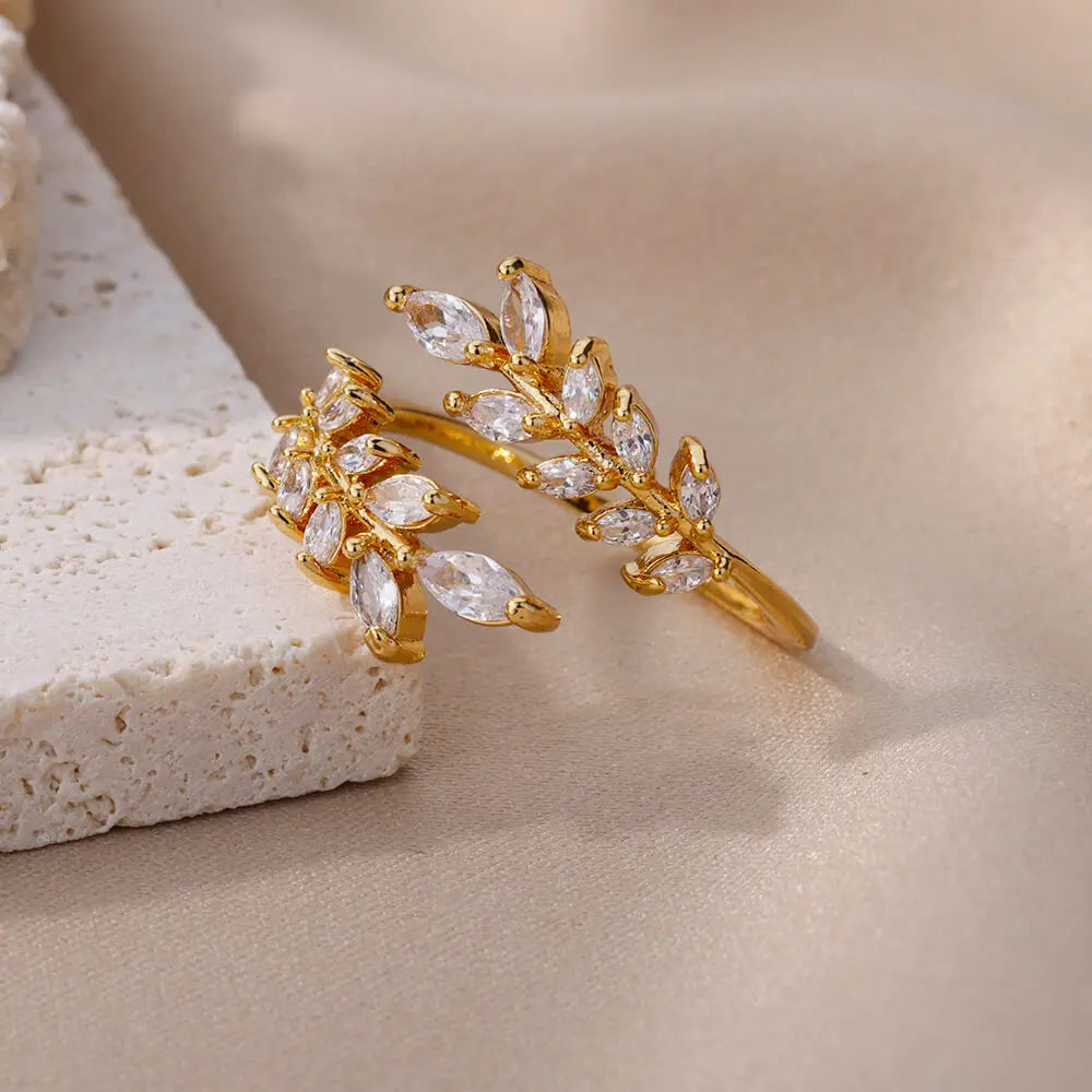 Luxury Zircon Double Layer Leaf Rings For Women Gold Color Stainless Steel Ring Boho Couple Jewelry Accesorios anillos mujer