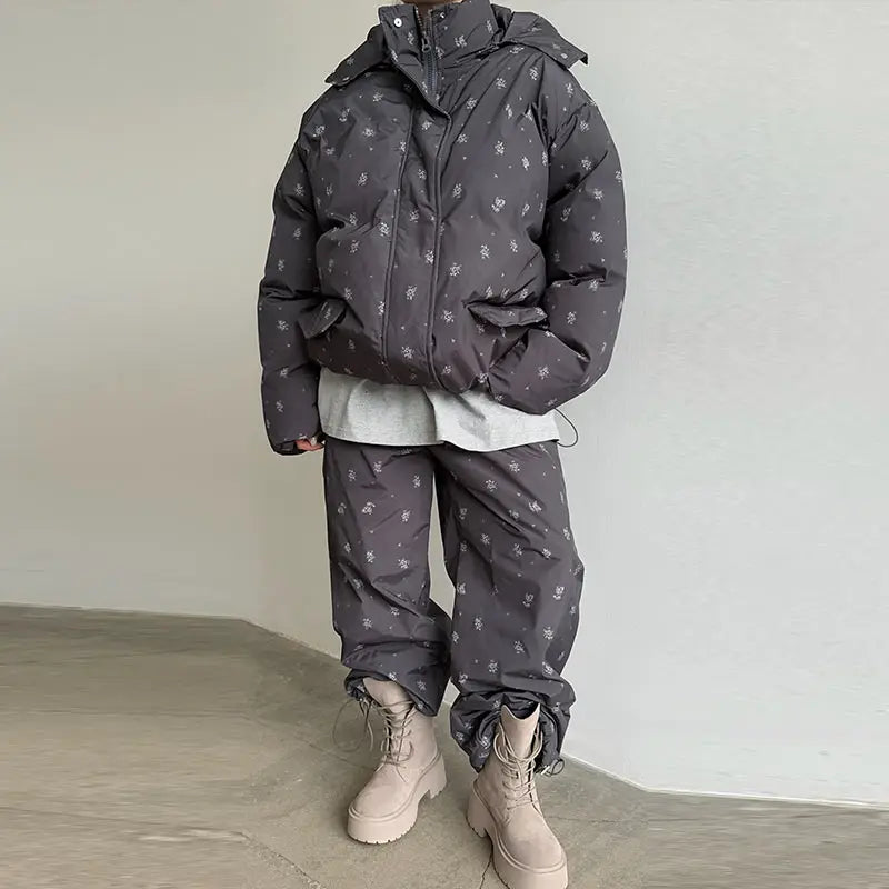 Chic Striped Hooded Puffer Coat Set Women Quilted Full Sleeve Zip Jacket Wide Leg Pants 2026 New Lady Autumn Winter Warm Outfit