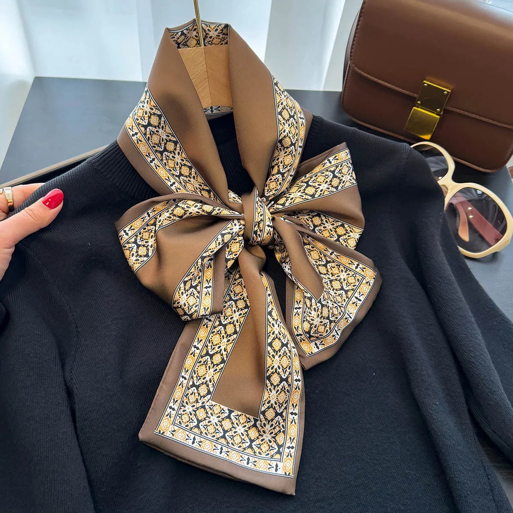 Floral Print 12*145cm Long Ribbon Silk Scarf Women Neck Scarves Headband Female Skinny Neckerchief Hair Band Neck Tie Bag Ribbon