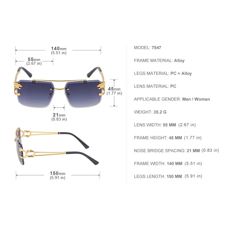 Fashion Metal Leopard Rimless Sunglasses Double Bridges Gradient Ocean Film Shades UV400