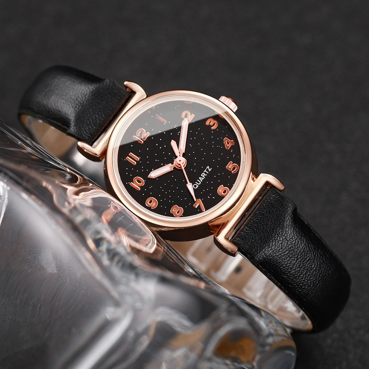5PCS/Set Women's Watch Fashion Starry Sky Dial Leather Band Quartz Watches Turquoise Bracelets Set