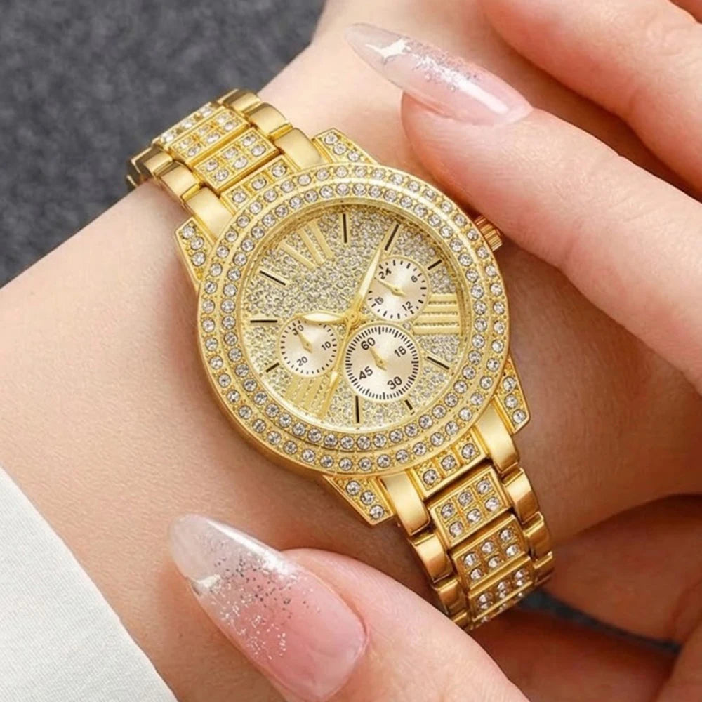 5Pcs/Set Unisex Jewelry Watches Women's Wristwatch Accessories Gold Trendy Fashionable Elegant Classic Exquisite Light Luxury Rhinestone Luxury Round Dial Quartz Watch Set Y2K Suitable for Travel, Parties, Daily Outfits, Perf