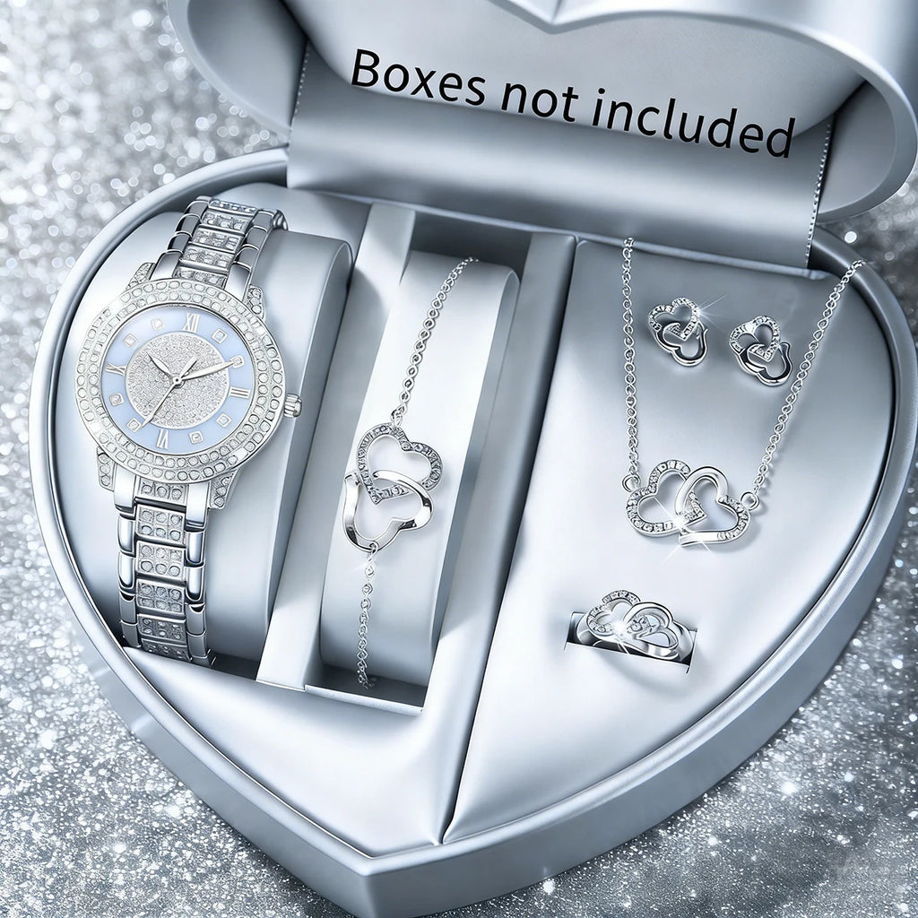 5pcs women's watch set, fashionable and casual women's quartz watch and necklace, ring, earring accessory set