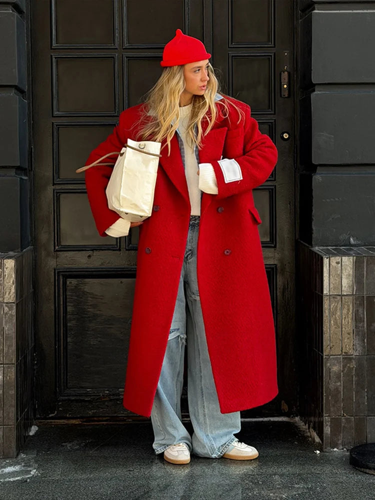  Chic Ladies Woolen Long Overcoat Solid Double-Breasted Lapel Padded Shoulder Loose Coat Women Autumn Winter Street Outerwear