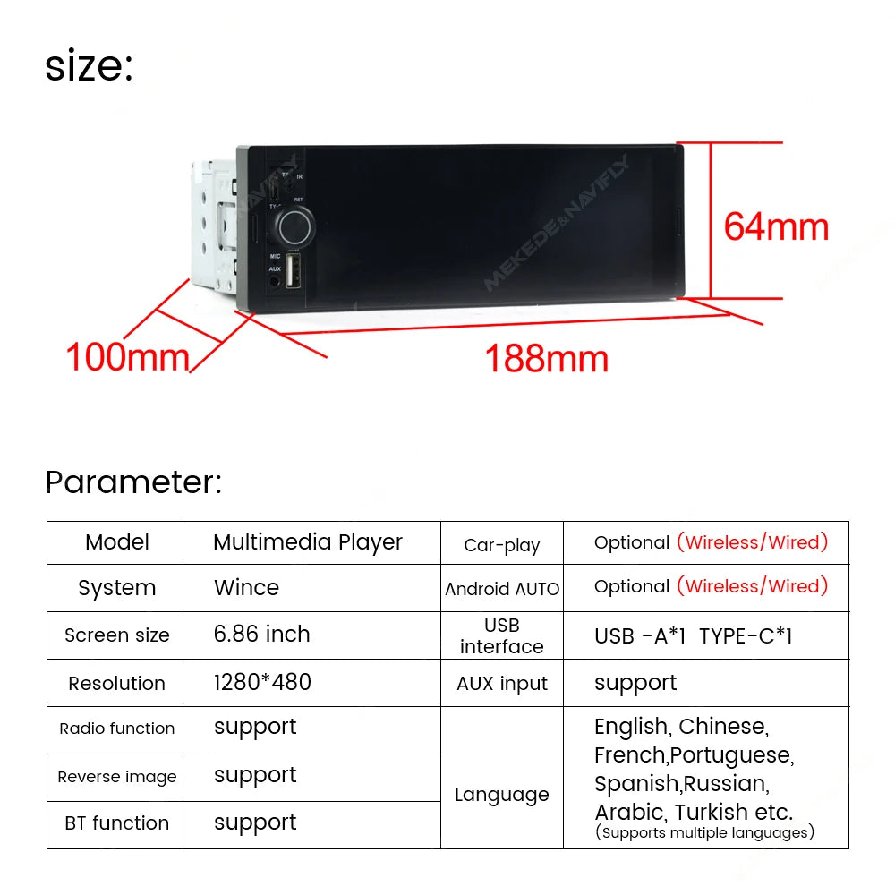 Universal 1 Din Car Stereo 6.86Inch HD Touch Screen Car Multimedia Player Wireless CarPlay Auto BT FM USB Car Radio Audio Player