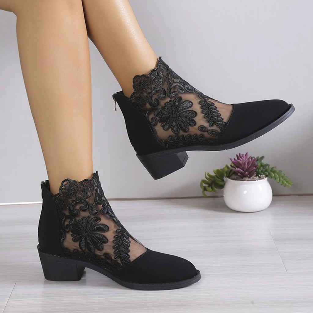 Women's Sandals Embroidery Fish Mouth Shoes Mid-Heel Large Size Women's Shoes Breathable Women's Shoes Lace Mesh High Heels