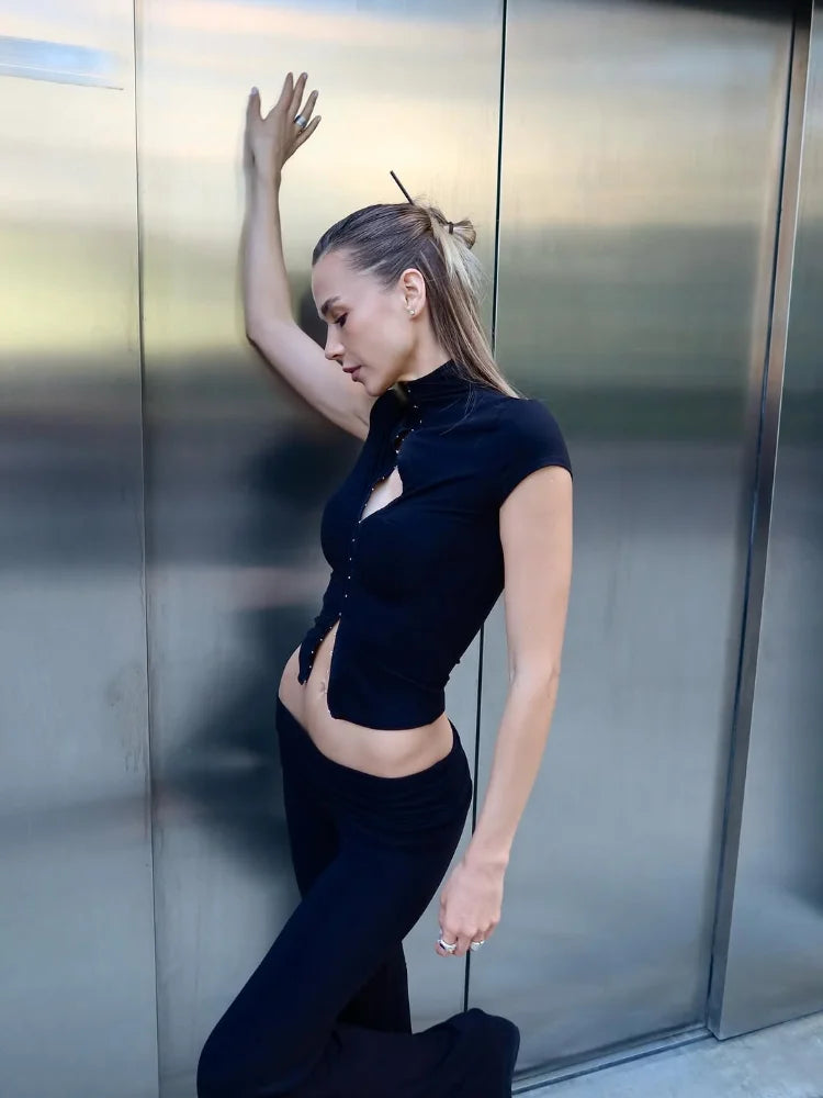 Women's Fashion Short Sleeve Pants Set Chic Tight Zipper Top Straight Leg Low Waist Trousers Casual Streetwear Commute Outfit