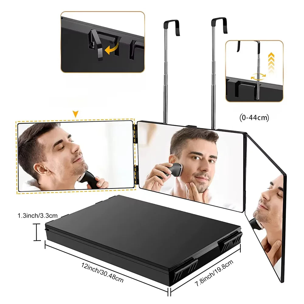 3 Way Compact Mirror for Self Hair Cutting Portable Trifold Cosmetic Mirror Makeup Vanity Mirror for Men and Women Folding Black