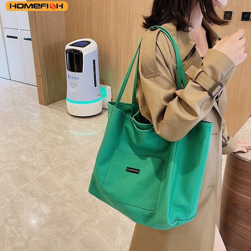 HOMEFISH Canvas Bag High Quality Reusable Shopping Shoulder Bag Women Simple Casual Daily Use Handbag Totes Female Portable