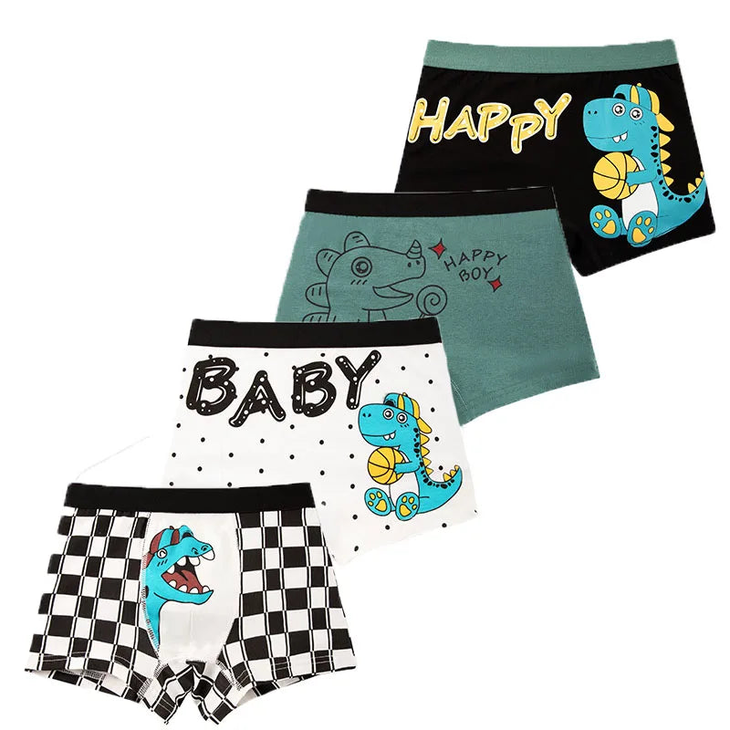 4-Piece Breathable Boy Boxer Brief High Quality Cotton Children Boxers Truck Car Dinosaur Colorful Patterns Kids Trunk Underwear