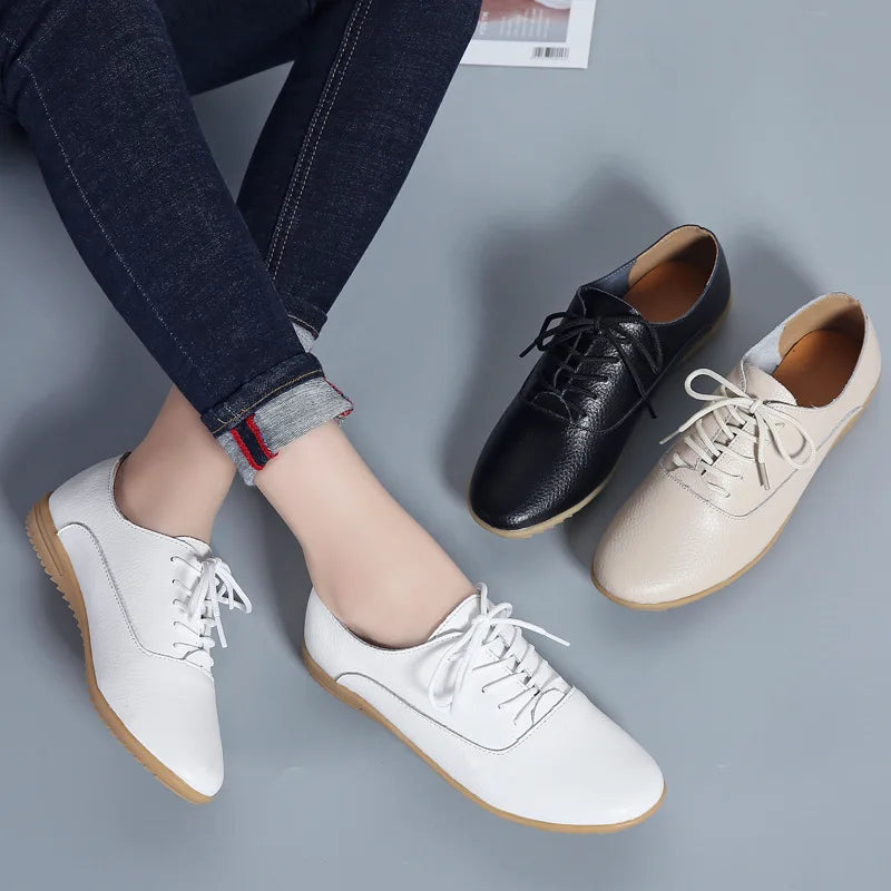 EOFK Spring Autumn Women Oxford Shoes Medical Casual Leather Ballet Flats Lace Up Soft Comfortable Ladies Derbys