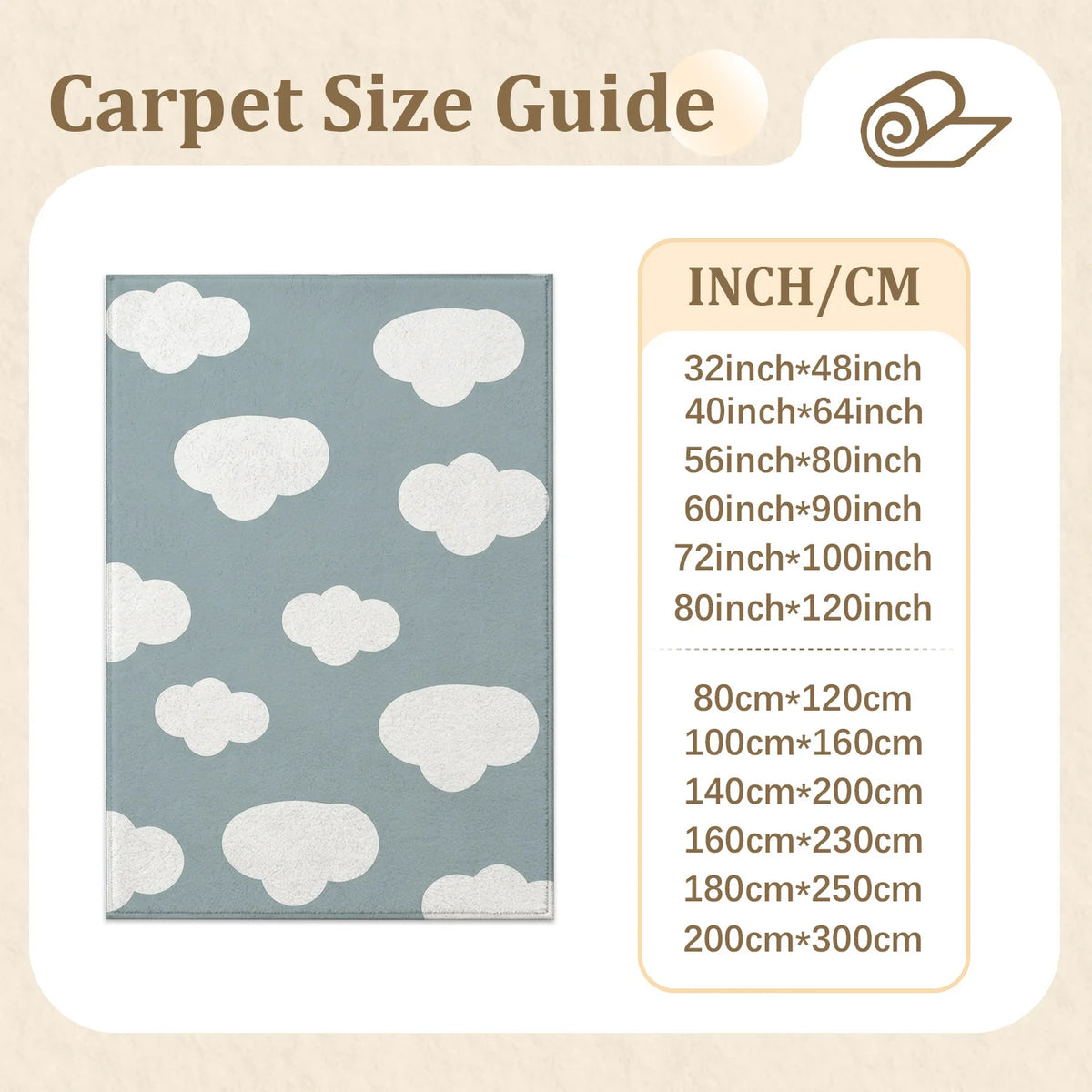 Large Indoor Area Rug, Soft Velvet Low Pile with Non-slip Dotted Backing, Machine Washable, Light Blue with White Cloud Pattern for Living Room, Bedroom, Nursery