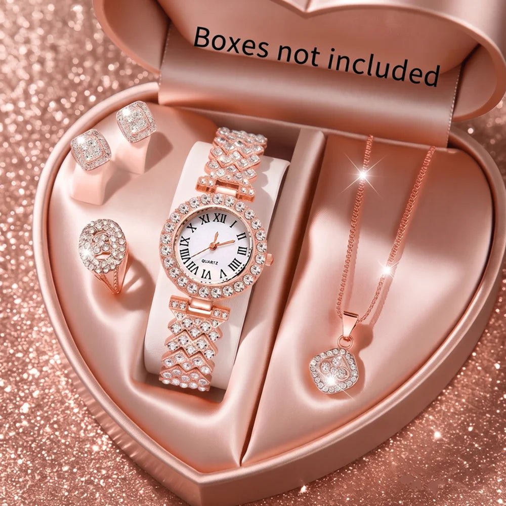 5Pcs/Set Unisex Jewelry Watches Women's Wristwatch Accessories Rose Gold Fashion Business Elegant Trendy Classic Exquisite Retro Light Luxury Rhinestone Luxury Bracelet Watch Set Y2K Suitable for Travel, Vacation, Parties, Da