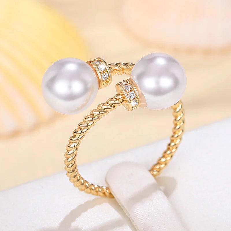 Huitan Temperament Double Imitation Pearl Open Ring Twist Gold Color Band New Fashion Women's Accessories Wedding Jewelry 2023