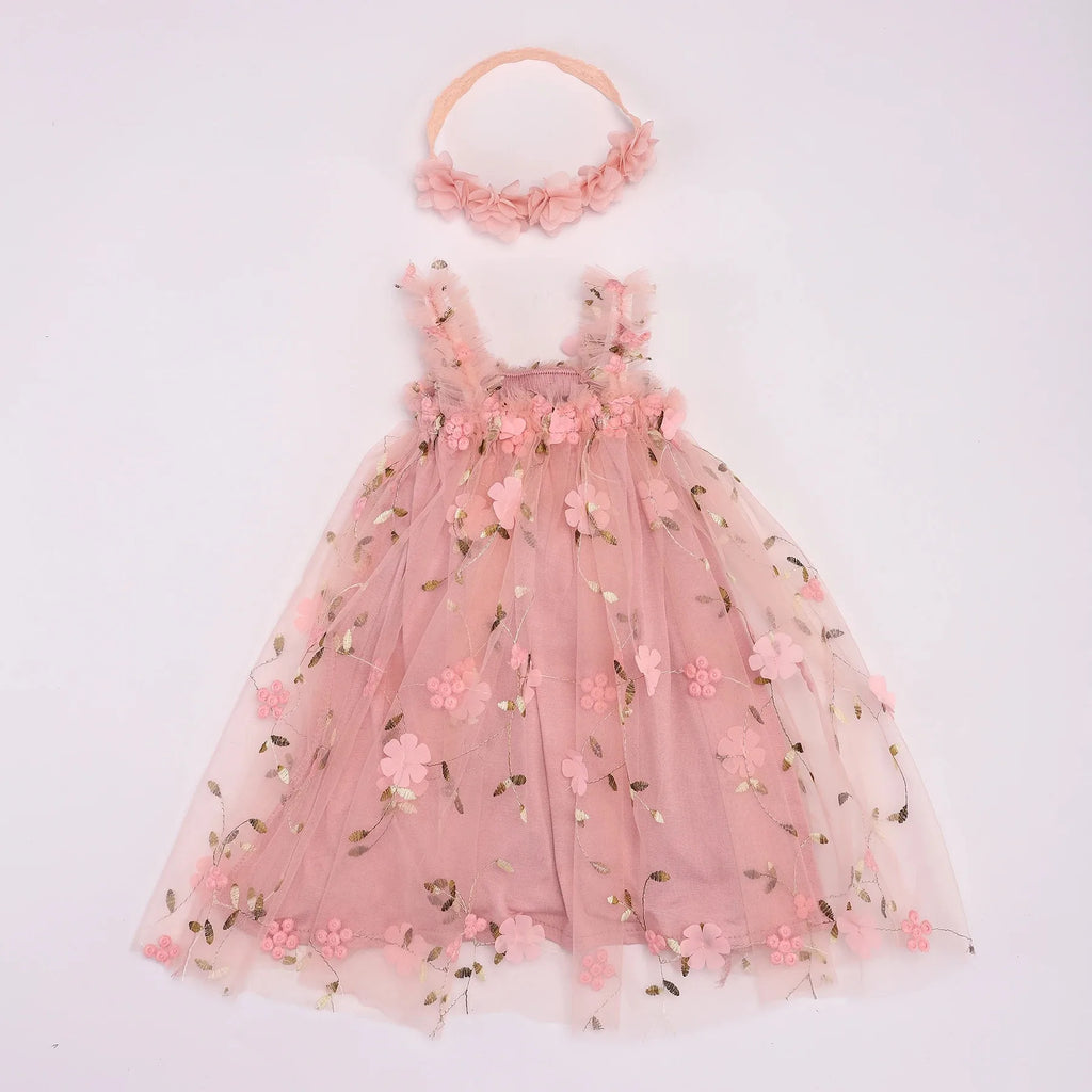 Baby Girl Sleeveless 3D Butterfly Floral Embroidery Ruffle Tulle Dress Toddler Birthday Party Tulle Dress with Headband