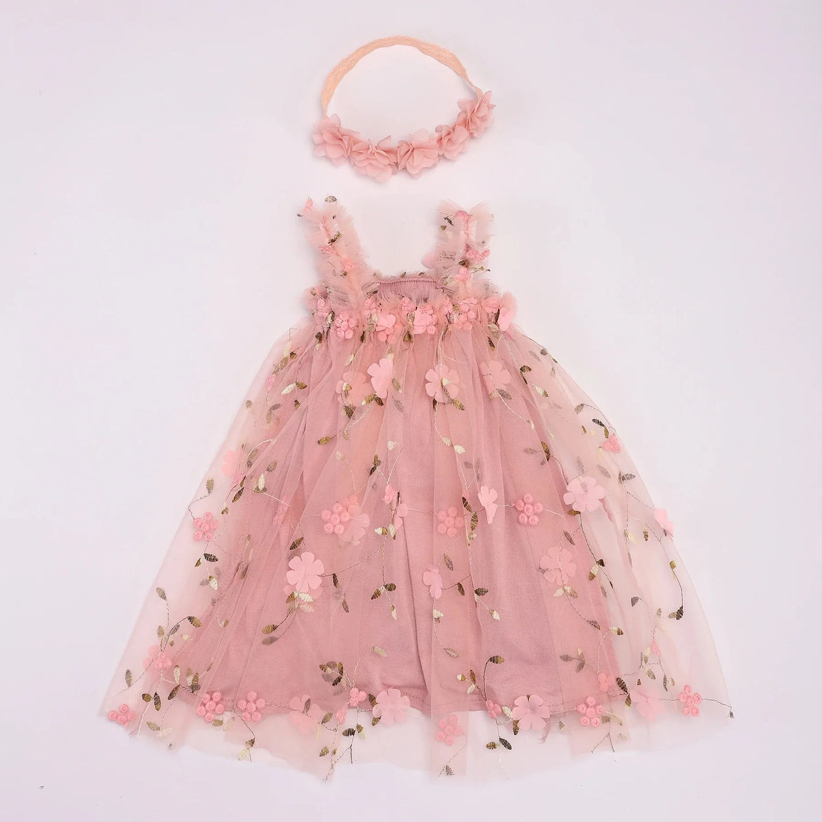 Baby Girl Sleeveless 3D Butterfly Floral Embroidery Ruffle Tulle Dress Toddler Birthday Party Tulle Dress with Headband