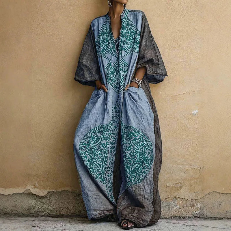 Womens Boho Ethnic Print Oversized Jumpsuit V Neck Batwing Wide Leg Long Pantsuit New Vintage Loose Vacation Romper With Pockets
