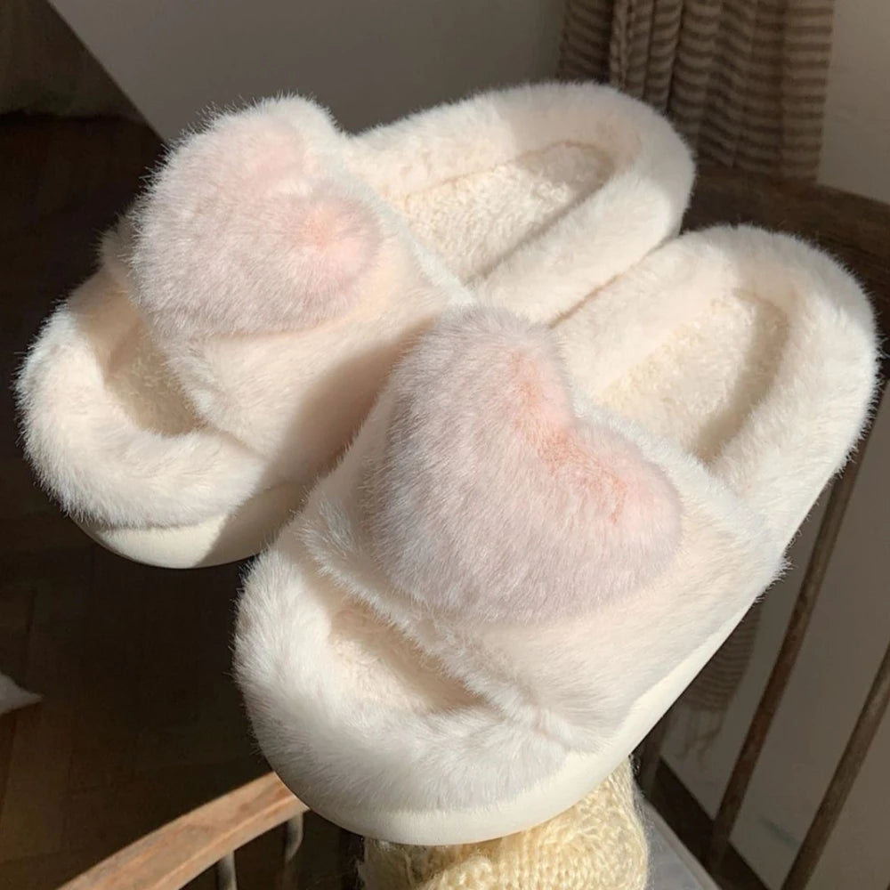 Three-dimensional Love Single Band Winter New Women Slipper Soft Heel Platform Warm Indoor Comfortable Home Fluffy Home Slippers