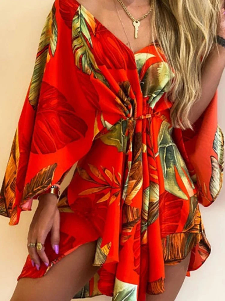 Sexy V Neck Long Batwing Sleeve Floral Print Loose Asymmetrical Dress Summer Women Irregular Leaf Print Party Boho Dresses