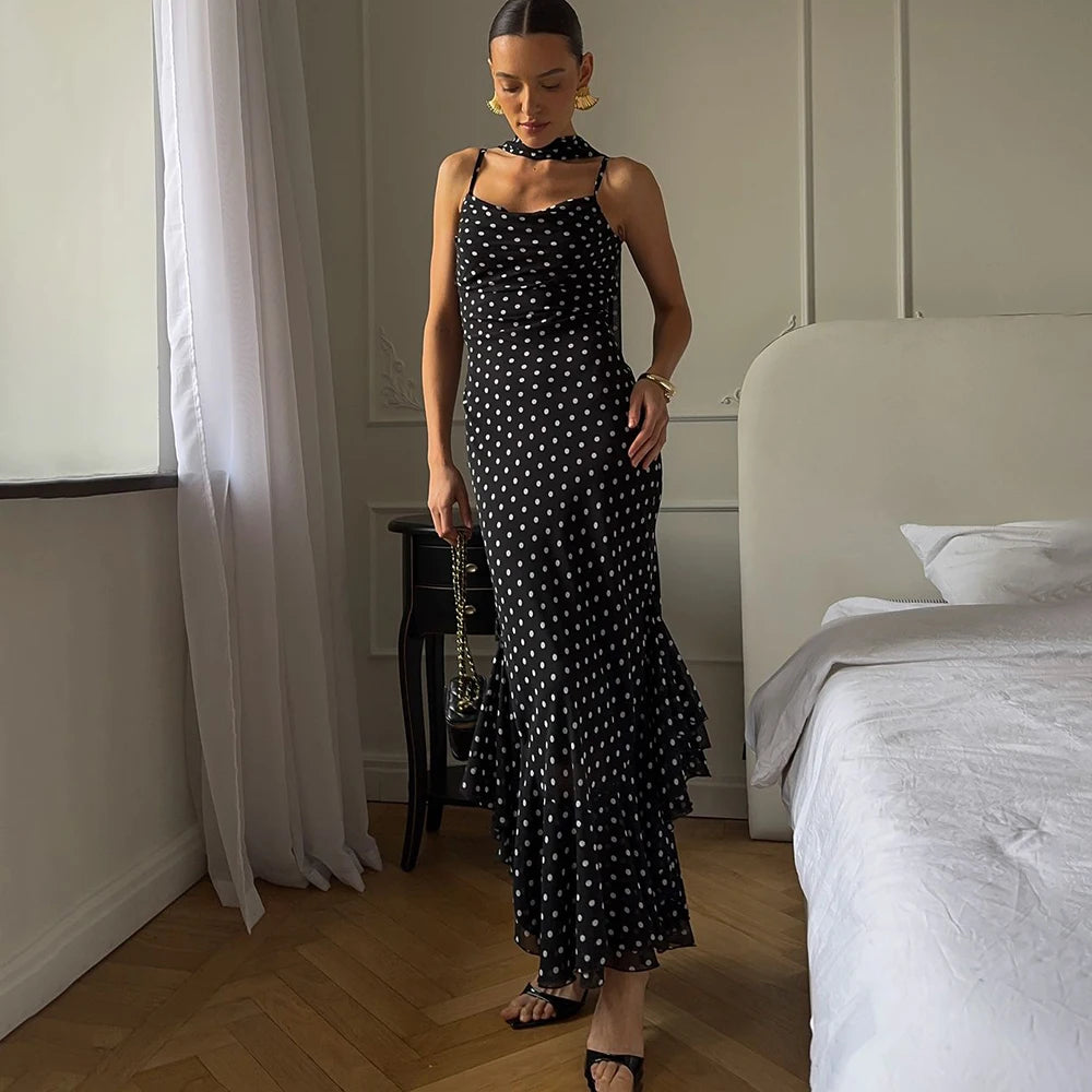 Tuularose Elegant Polka Dot Long Dress Summer Scarf Ribbon Ruffle Halter Pleated Dress Luxury Sleeveless Women's Evening Dresses