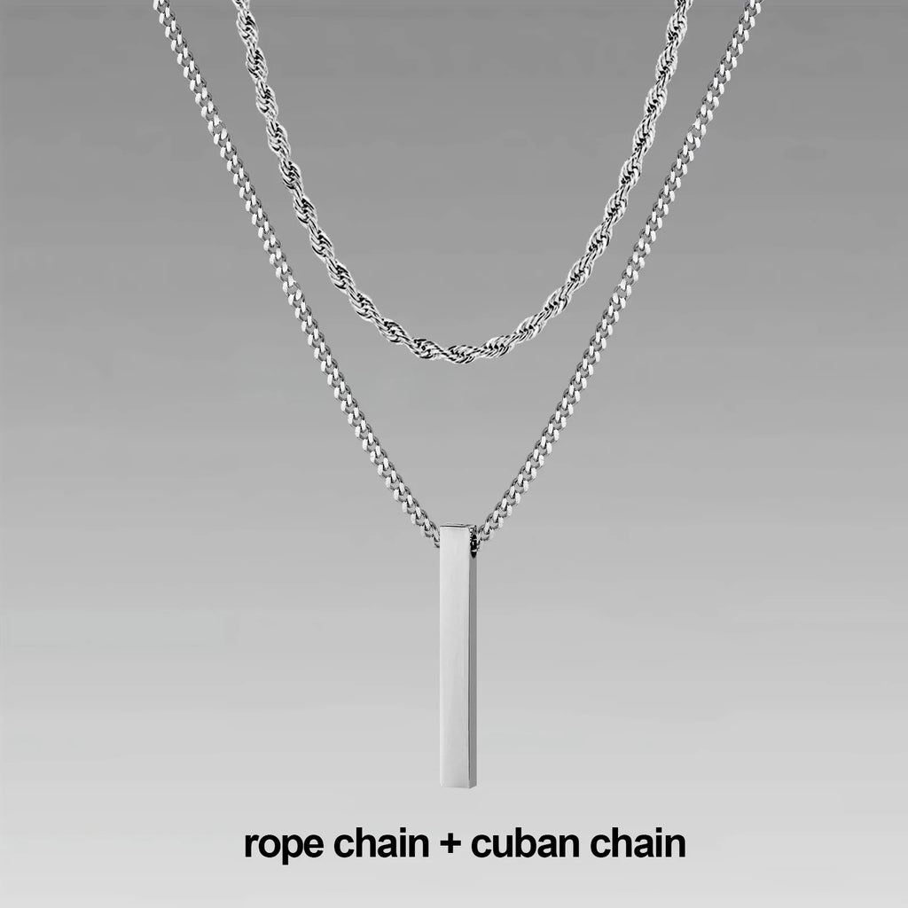 Vnox 3D Vertical Bar Necklaces for Men, Layering Stainless Steel Geometric Pendant, Layered Wheat Rope Cuban Chain, Boy Collar