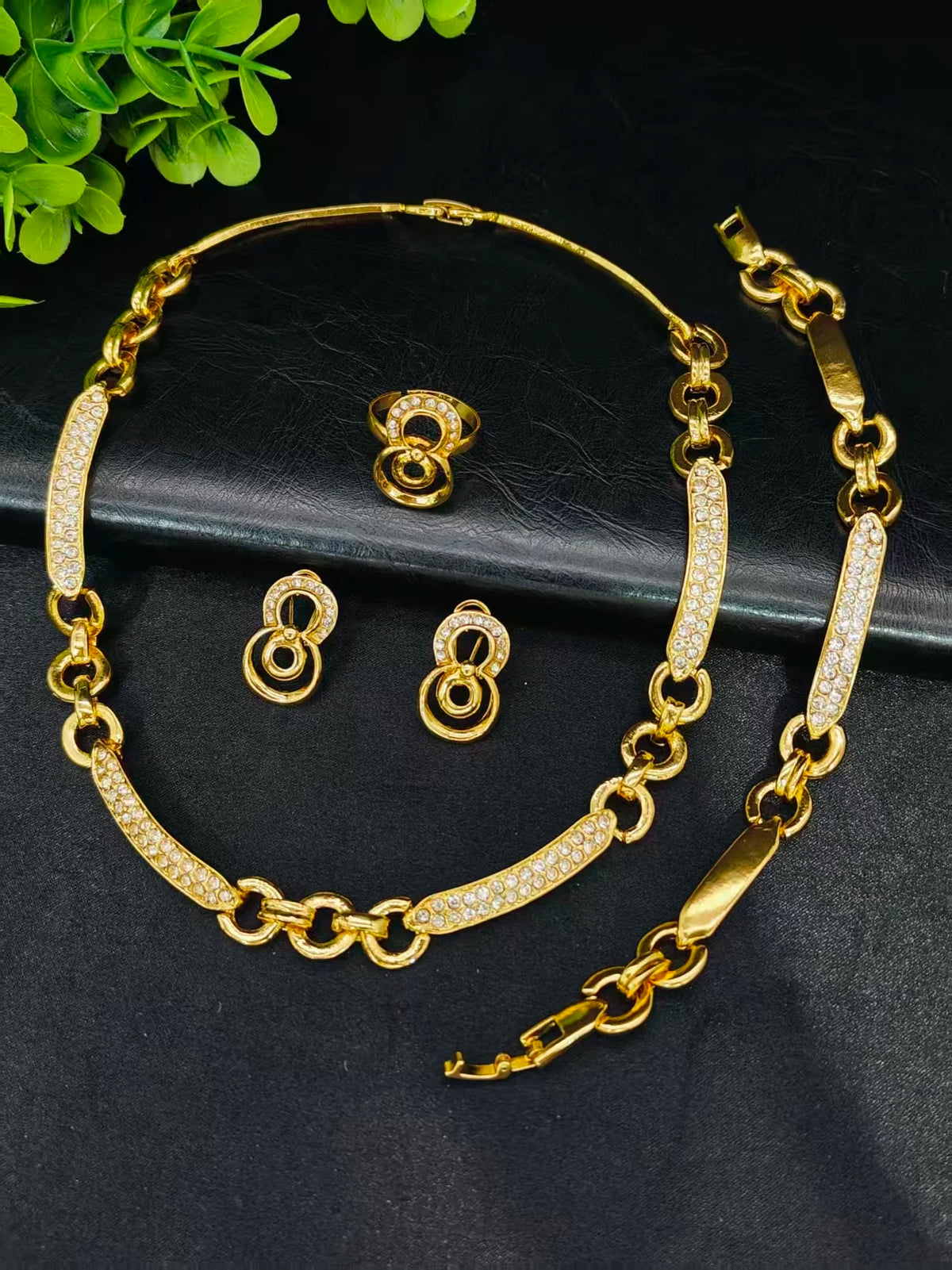Luxury 24K Plated Gold Italy Dubai Necklace Earrings Bracelet Ring For Women Party Gift ﻿Jewelry Set