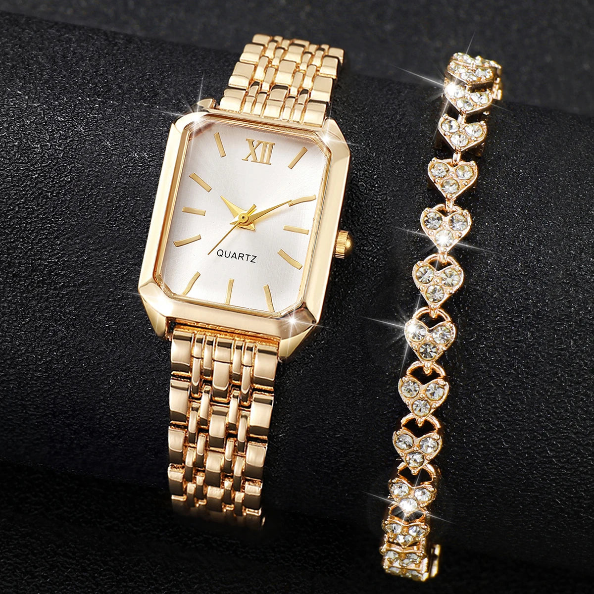 2PCS/Set Fashion Square Women Quartz Watch Elegant Ladies Wristwatches Rhinestone Bracelet Set Reloj Mujer Clock (Without Box)