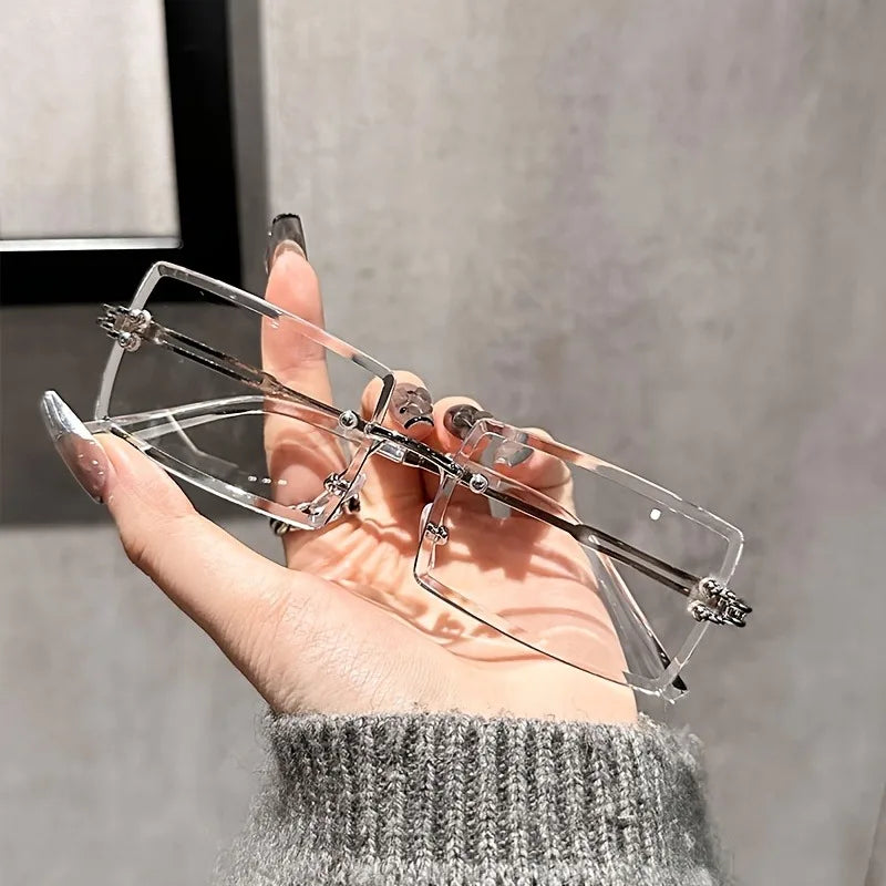 Chic Rectangle Rimless Clear Lens Glasses for Women Minimalist Fashion Eyewear Metal Frame Square Shape