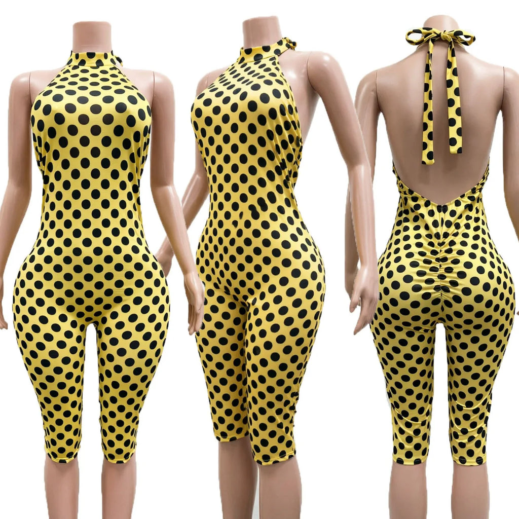 FLARORA Sexy Polka Dot Print Jumpsuit Woman Trend Halter Bandage Backless Sleeveless Peach Hip Skinny Elasticity Street Overalls