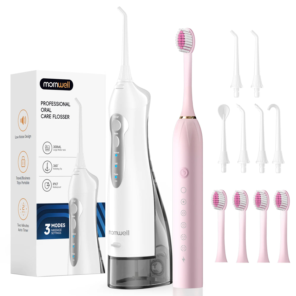 Mornwell Portable Water Flosser with Electric Toothbrush Combo:Gums Care - Brushing & Flossing for Adults, Travel Use, D52 & X3